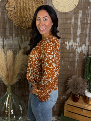 Rust Floral Long Sleeve Blouse (Small - 3X)
