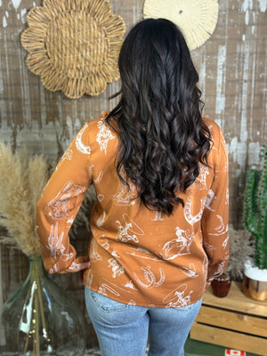 Rust Western Long Sleeve With Western Print and Lace Ruffle Detail