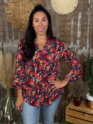 The Wrinkle Free Lizzie Ruffle 3/4 Sleeve Top - Burgundy Floral