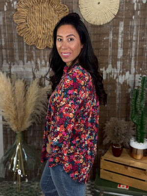 The Wrinkle Free Lizzie Ruffle 3/4 Sleeve Top - Burgundy Floral