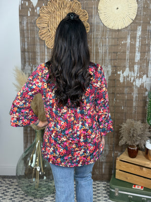 The Wrinkle Free Lizzie Ruffle 3/4 Sleeve Top - Burgundy Floral
