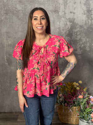 Coral/Pink Floral Babydoll Top with Front Tie (Small - 3X) -FINAL SALE