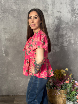 Coral/Pink Floral Babydoll Top with Front Tie (Small - 3X) -FINAL SALE