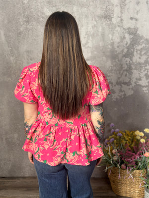 Coral/Pink Floral Babydoll Top with Front Tie (Small - 3X) -FINAL SALE