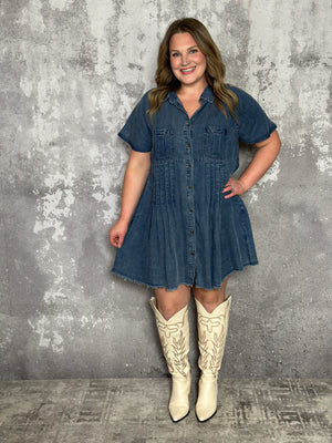 Short Sleeve Chambray Denim Dress with Pleats - FINAL SALE