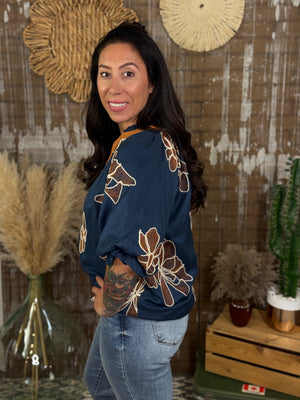 Blue/Rust Floral Top (Small - 2X)