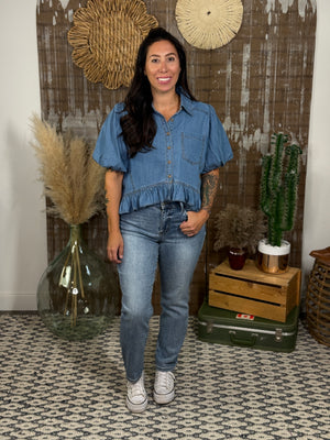 Medium Wash Denim Peplum Top