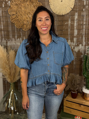 Medium Wash Denim Peplum Top