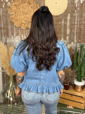 Medium Wash Denim Peplum Top