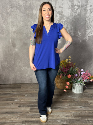 The Wrinkle Free Lizzie Ruffle Tank - Blue (Small - 3X)-FINAL SALE