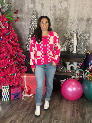 Gold Button Checker Sweater - Pink
