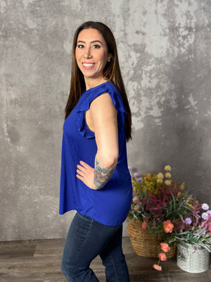 The Wrinkle Free Lizzie Ruffle Tank - Blue (Small - 3X)-FINAL SALE