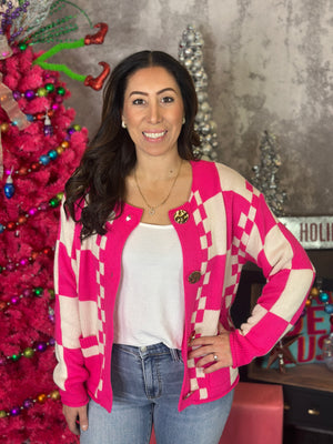 Gold Button Checker Sweater - Pink