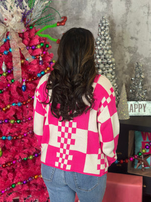 Gold Button Checker Sweater - Pink