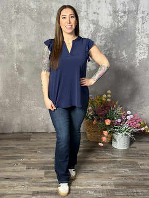 The Wrinkle Free Lizzie Ruffle Tank - Navy (Small - 3X)