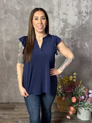 The Wrinkle Free Lizzie Ruffle Tank - Navy (Small - 3X)