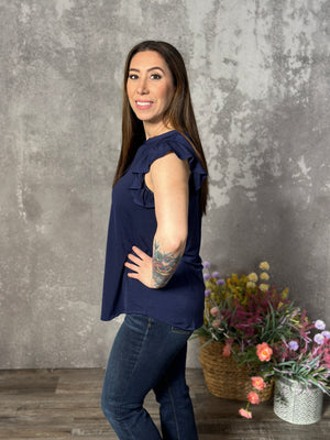 The Wrinkle Free Lizzie Ruffle Tank - Navy (Small - 3X)