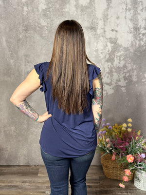 The Wrinkle Free Lizzie Ruffle Tank - Navy (Small - 3X)