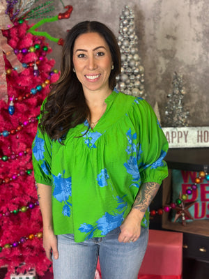 Green and Blue Floral Blouse (Small - 3X)