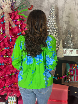 Green and Blue Floral Blouse (Small - 3X)