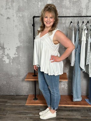 Vneck Tank with Dainty Crochet Detail - White