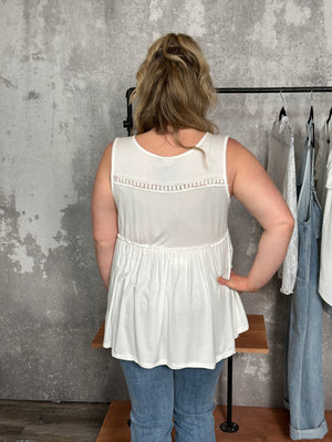 Vneck Tank with Dainty Crochet Detail - White