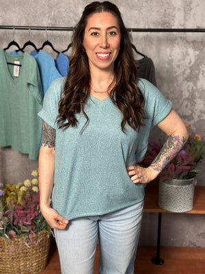 Soft Hacci V Neck Top - Dusty Teal