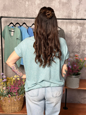 Soft Hacci V Neck Top - Dusty Teal