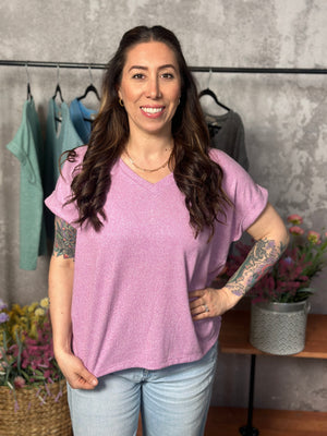 Soft Hacci V Neck Top - Mauve