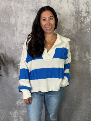 Stipe Collared Ivory/Blue Sweater (Small - 3X)