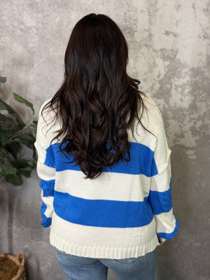 Stipe Collared Ivory/Blue Sweater (Small - 3X)