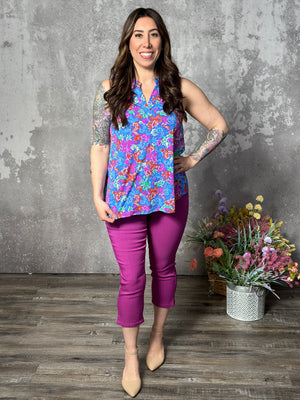 Lizzie Wrinkle Free Print Tank - Violet Blue Paisley (Small - 3X) - FINAL SALE