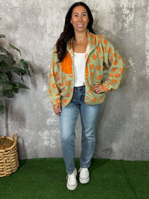 Retro Orange Flower Power Fleece Jacket