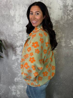 Retro Orange Flower Power Fleece Jacket