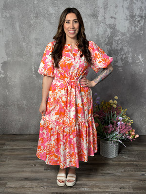 Pink/Orange Floral Waist Tie Dress with Puff Sleeves