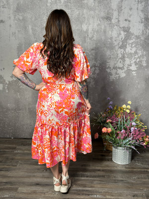 Pink/Orange Floral Waist Tie Dress with Puff Sleeves