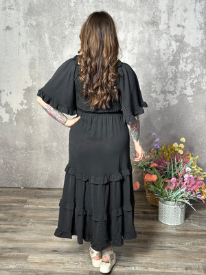 Ruched Ruffle Tier Dress with Flutter Sleeves (Small - 2X)