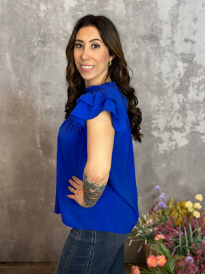 Blue Pleated Ruffle Top (Small - 2X)