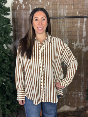 Camel Stripe Button Up Blouse with Scoop Back