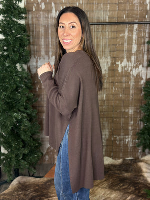 Chocolate Side Slit Vneck Sweater (Small - 3X)