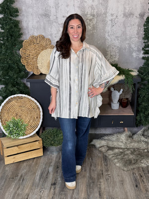 Grey Watercolor Stripe Ruffle Tunic Top - (Small - 3X)