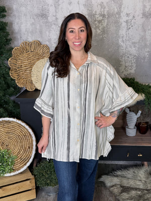 Grey Watercolor Stripe Ruffle Tunic Top - (Small - 3X)