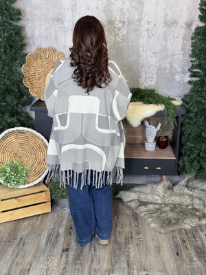 Soft Abstract Poncho with Tassels - Grey/Ivory