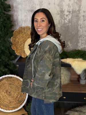 Hooded Camo Button Up Sweatshirt Shacket (Small - 3X)