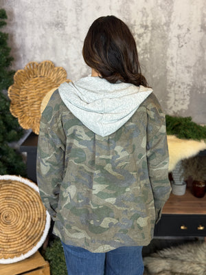 Hooded Camo Button Up Sweatshirt Shacket (Small - 3X)