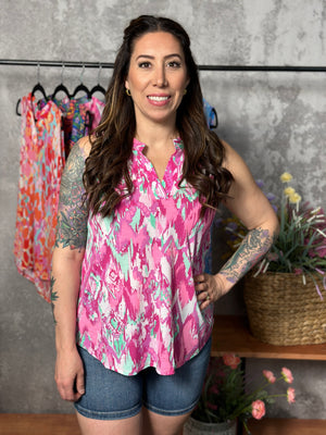 Lizzie Wrinkle Free Print Tank - Abstract Pink/Mint (Small - 3X) - FINAL SALE