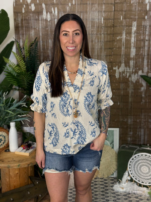 Cream Blue Print Top (Small - 2X)