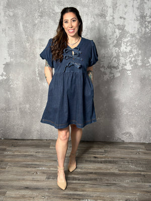 Denim Front Tie Puff Sleeve Dress with Pockets - (Small - 2X)