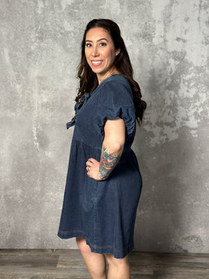 Denim Front Tie Puff Sleeve Dress with Pockets - (Small - 2X)