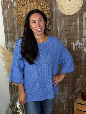 Short Sleeve Large Knit Sweater - Periwinkle Blue (Small - 3X)